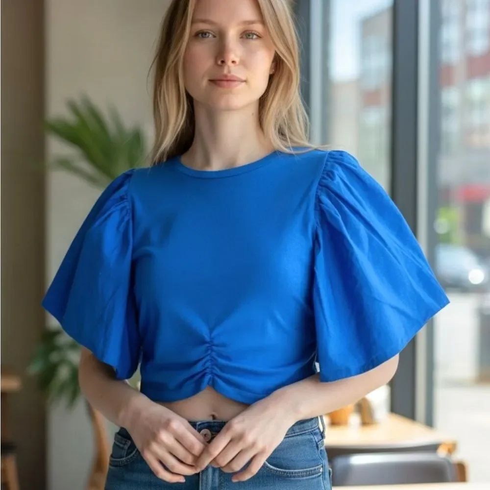 ZARA Blue Mixed Media Top